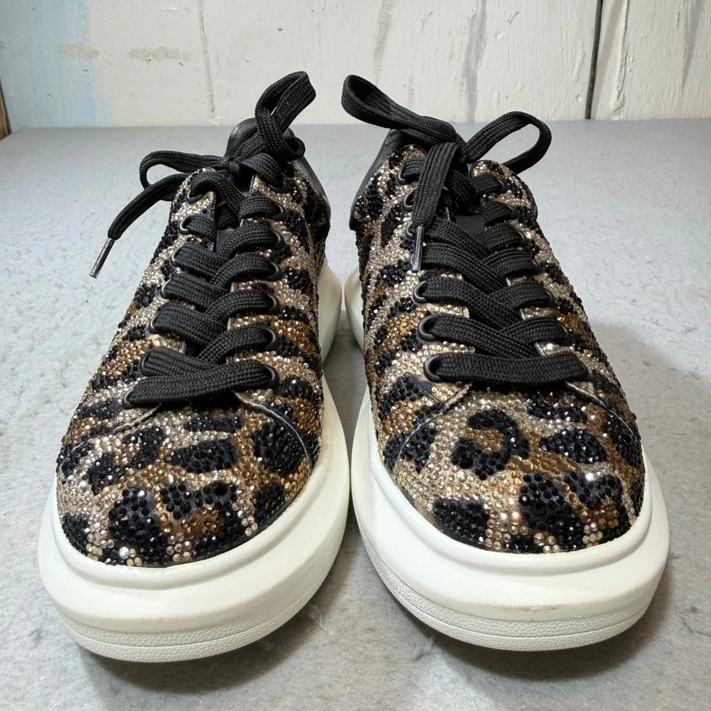 Steve Madden Platform Sneaker Womens 7.5 Leopard Rhinestone Bling Chunky Low Top